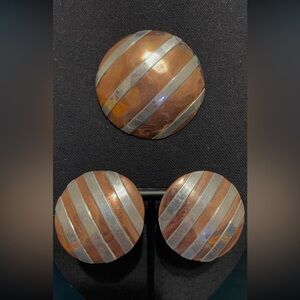 AM brooch & earrings copper sterling silver artisan handmade large modern stripe